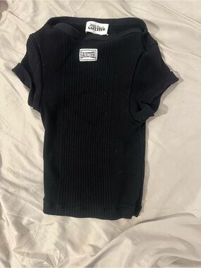 Jean Paul Gaultier Black Ribbed Short Sleeve Tee with Logo Patch